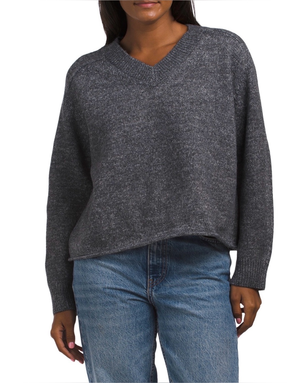 Eileen Fisher V-Neck Cozy Knit Sweater in Charcoal Gray Sz M